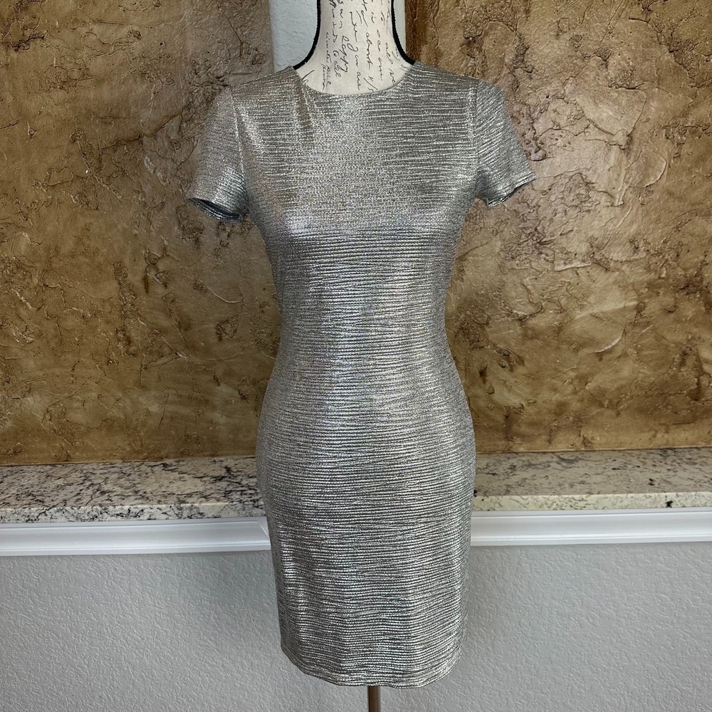 Alice + Olivia Metallic Knit Dress Women's Small Silver‎ Short Sleeve Bodycon